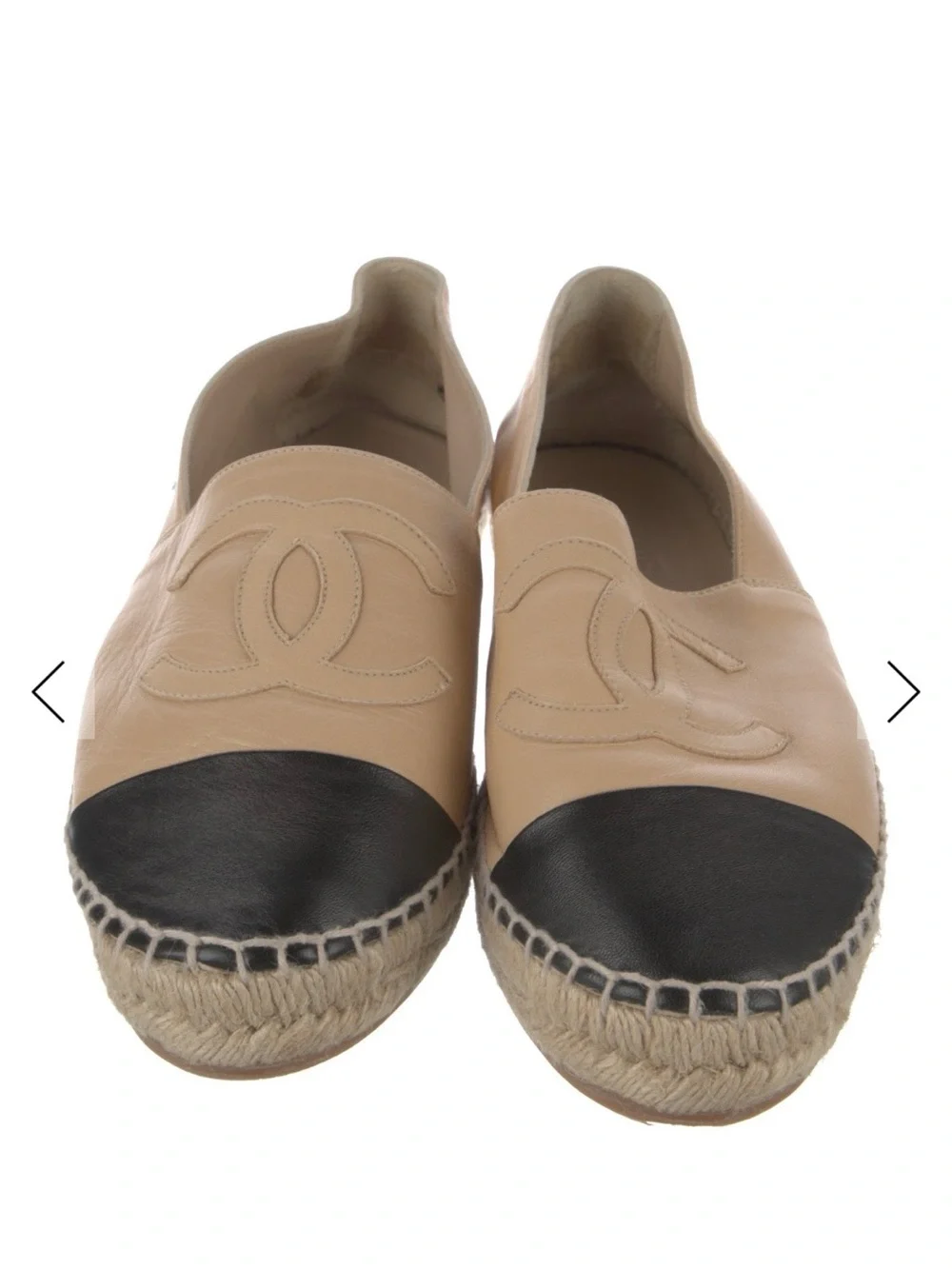NEW Authentic CHANEL Beige Leather Logo Espadrilles with Black Cap Toe Sz 41/10